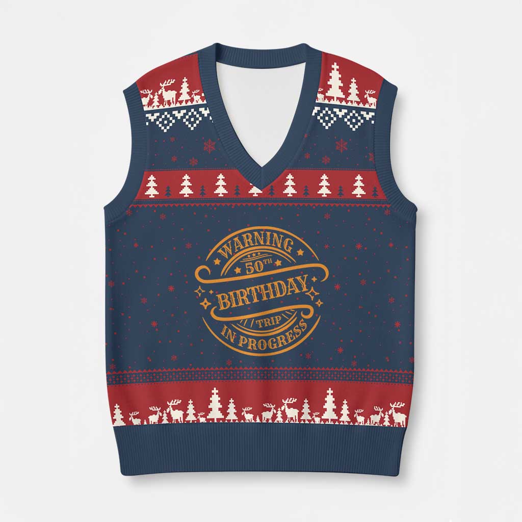 50th Birthday Trip V-Neck Knit Sweater Vest Retro Funny Milestone Vacation - Wonder Print Shop