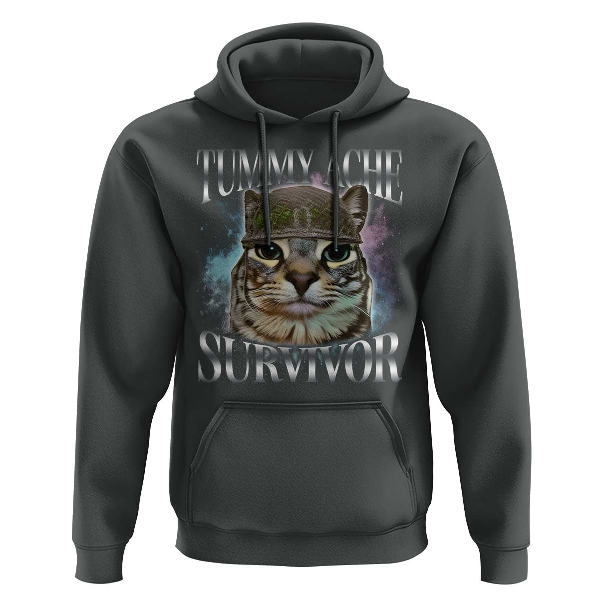 Tummy Ache Survivor Cat Meme Hoodie Vintage 90s Graphic Funny Stomach Issues Bootleg - Wonder Print Shop