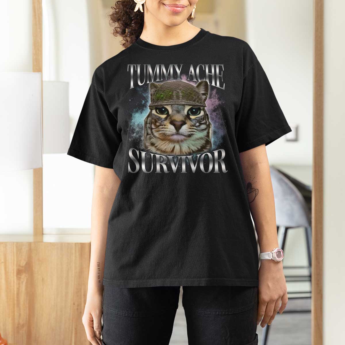 Tummy Ache Survivor Cat Meme T Shirt For Women Vintage 90s Graphic Funny Stomach Issues Bootleg - Wonder Print Shop