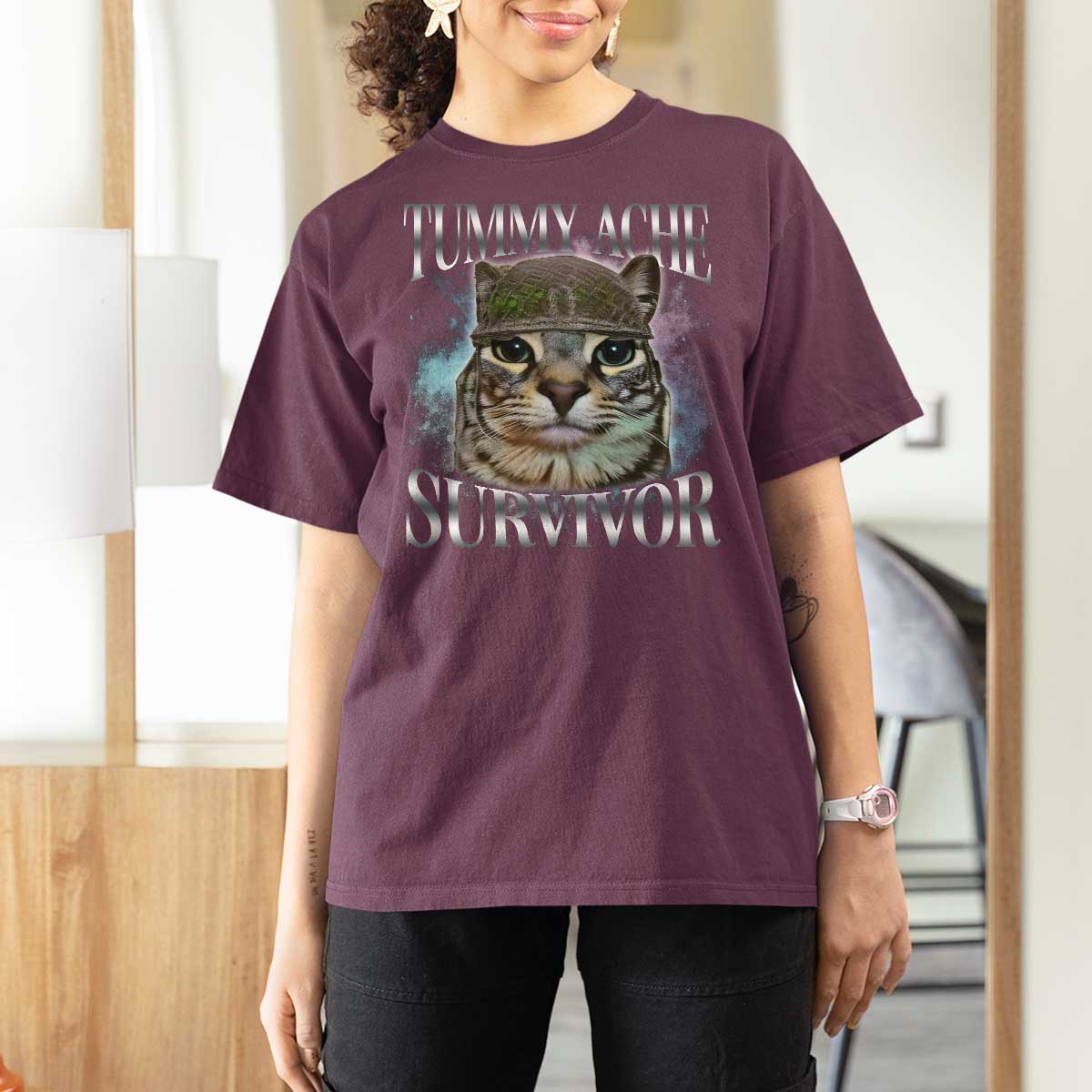 Tummy Ache Survivor Cat Meme T Shirt For Women Vintage 90s Graphic Funny Stomach Issues Bootleg - Wonder Print Shop