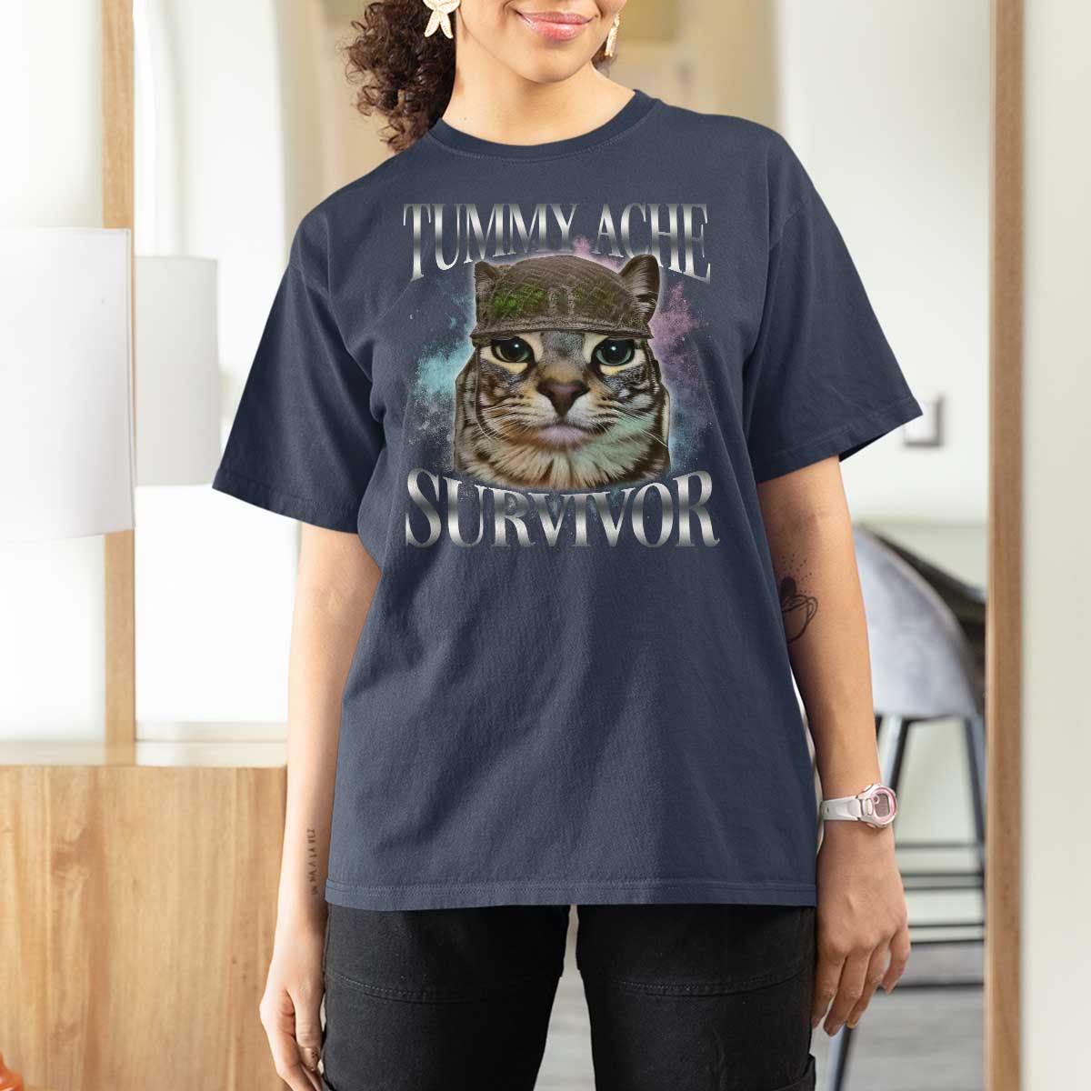 Tummy Ache Survivor Cat Meme T Shirt For Women Vintage 90s Graphic Funny Stomach Issues Bootleg - Wonder Print Shop