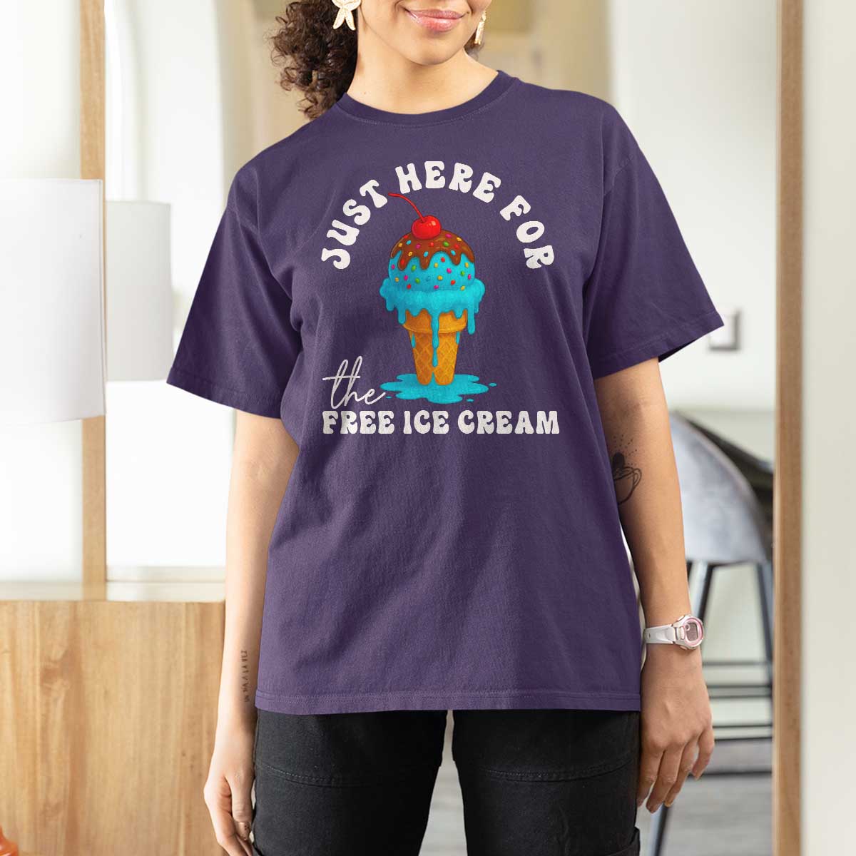 I'm Just Here For The Free Ice Cream T Shirt For Women Funny Cruise Summer Vacation - Wonder Print Shop