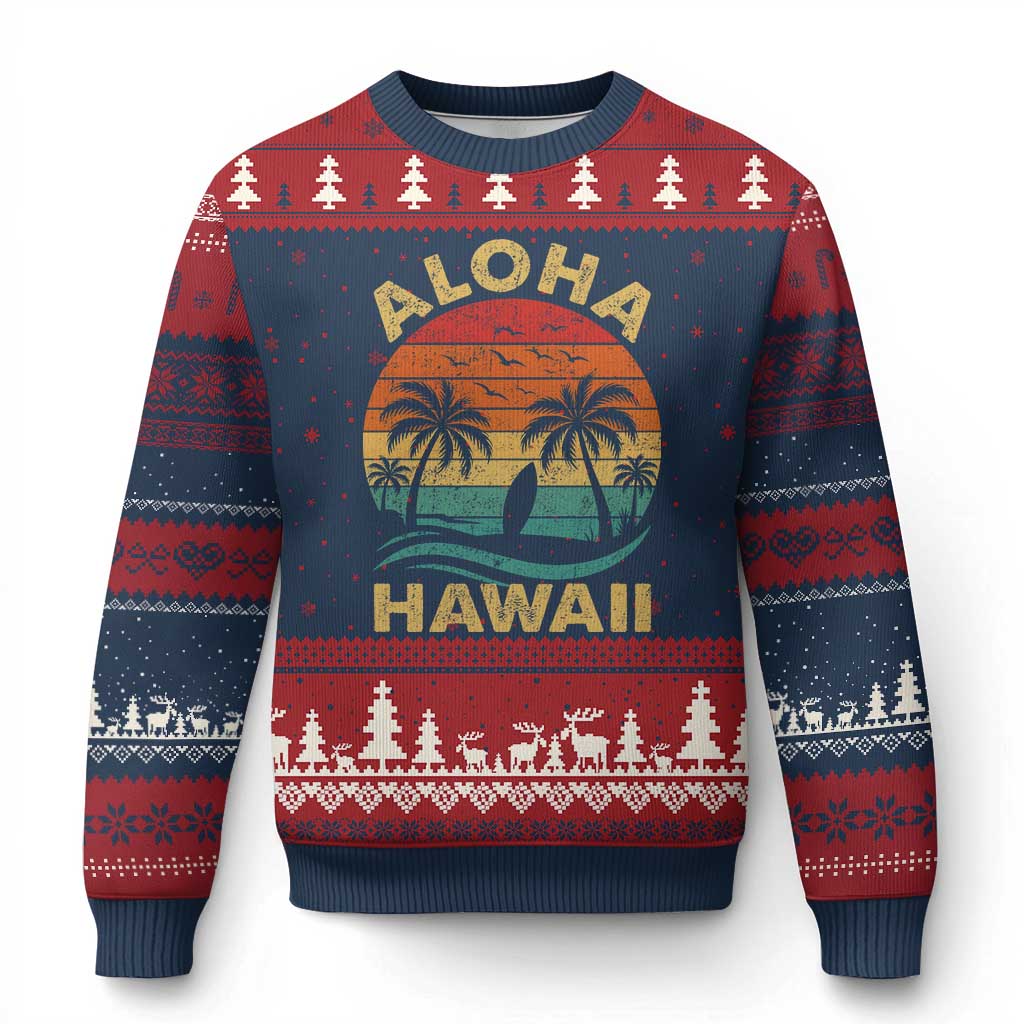 Aloha Hawaii Ugly Christmas Sweater Retro Hawaiian Island Palm Beach Surfboard Surf - Wonder Print Shop