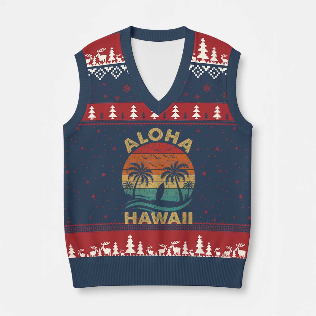 Aloha Hawaii V-Neck Knit Sweater Vest Retro Hawaiian Island Palm Beach Surfboard Surf - Wonder Print Shop