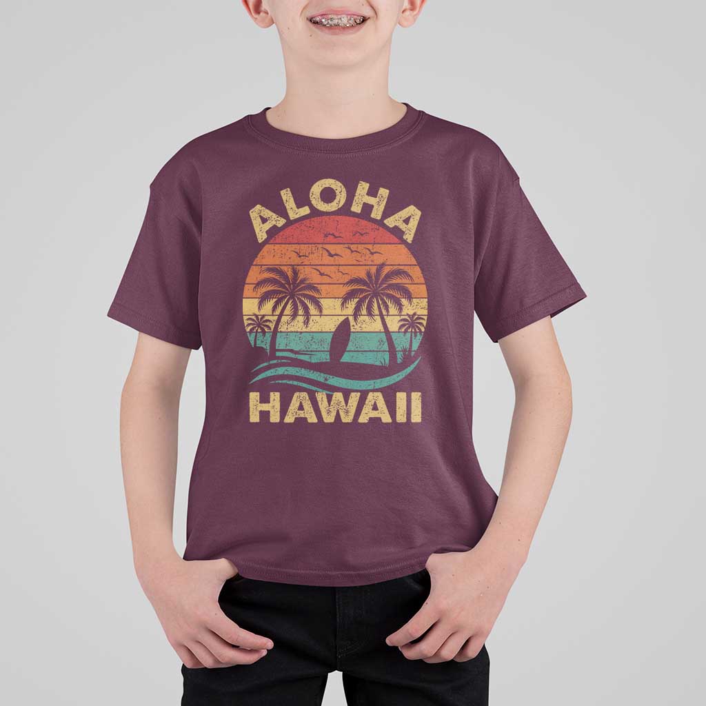 Aloha Hawaii T Shirt For Kid Retro Hawaiian Island Palm Beach Surfboard Surf - Wonder Print Shop
