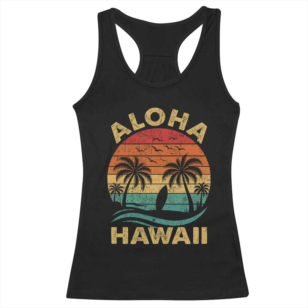 Aloha Hawaii Racerback Tank Top Retro Hawaiian Island Palm Beach Surfboard Surf - Wonder Print Shop