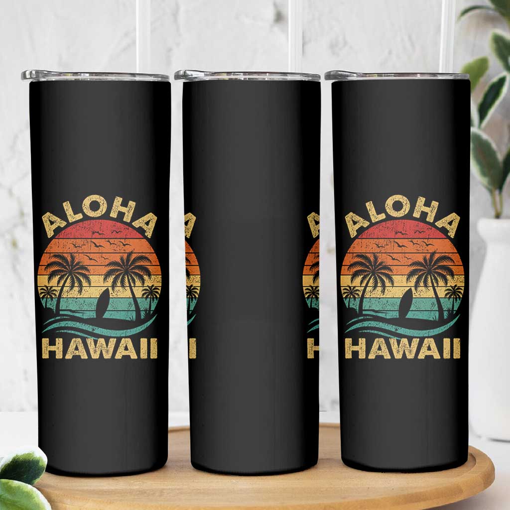 Aloha Hawaii Skinny Tumbler Retro Hawaiian Island Palm Beach Surfboard Surf - Wonder Print Shop