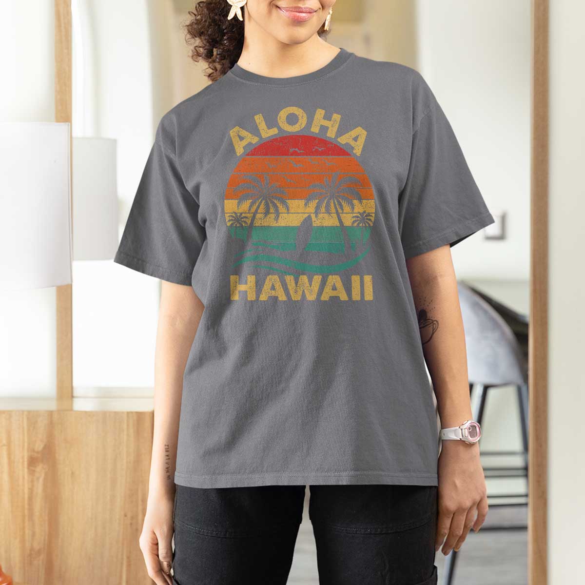 Aloha Hawaii T Shirt For Women Retro Hawaiian Island Palm Beach Surfboard Surf - Wonder Print Shop