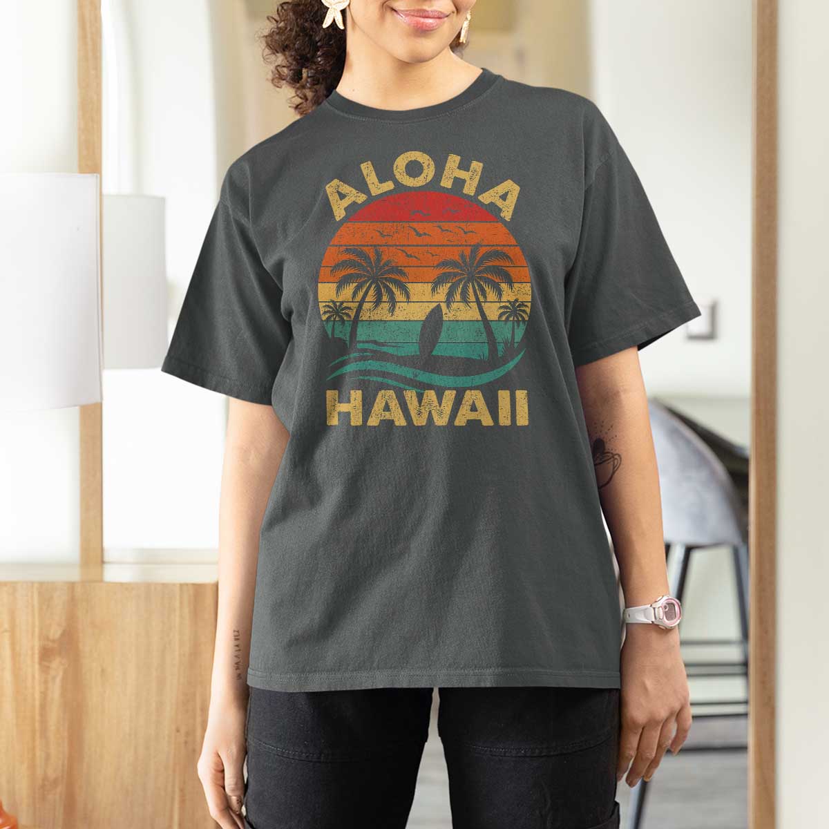 Aloha Hawaii T Shirt For Women Retro Hawaiian Island Palm Beach Surfboard Surf - Wonder Print Shop