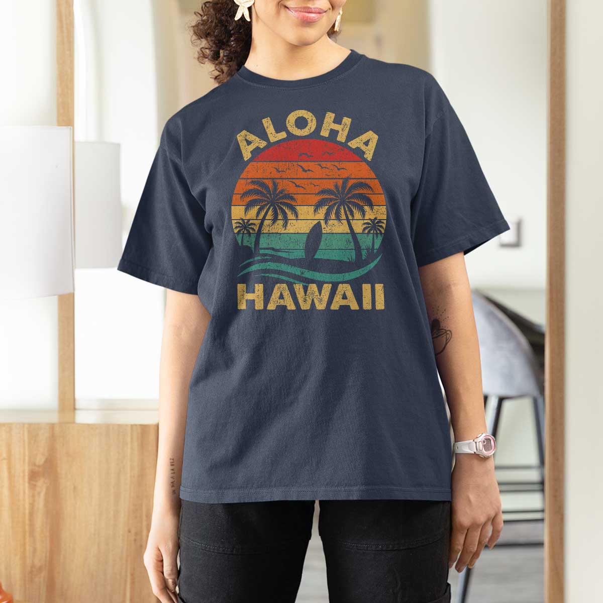 Aloha Hawaii T Shirt For Women Retro Hawaiian Island Palm Beach Surfboard Surf - Wonder Print Shop