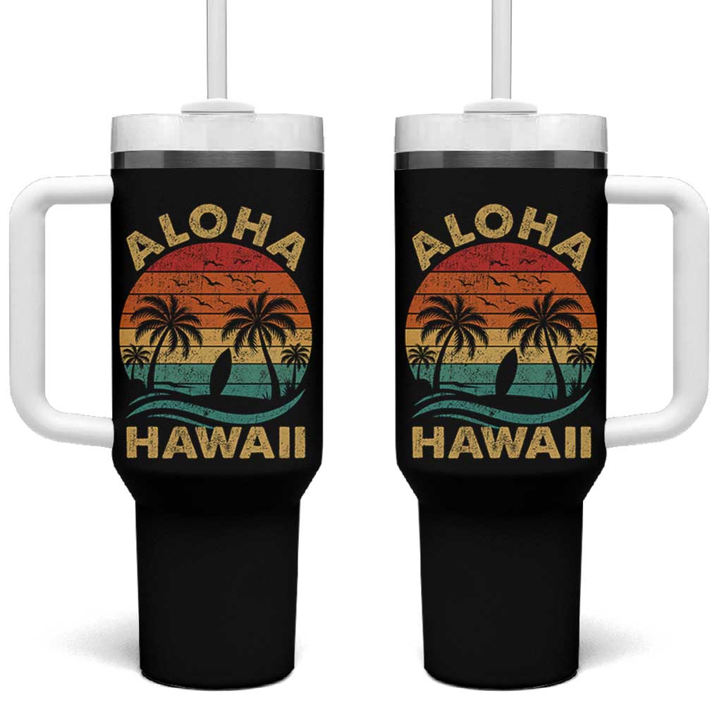 Aloha Hawaii Tumbler With Handle Retro Hawaiian Island Palm Beach Surfboard Surf - Wonder Print Shop