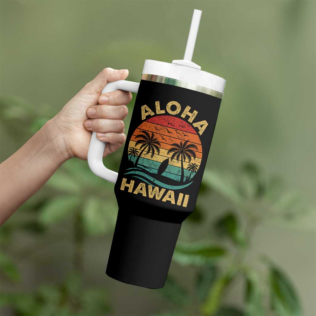 Aloha Hawaii Tumbler With Handle Retro Hawaiian Island Palm Beach Surfboard Surf - Wonder Print Shop