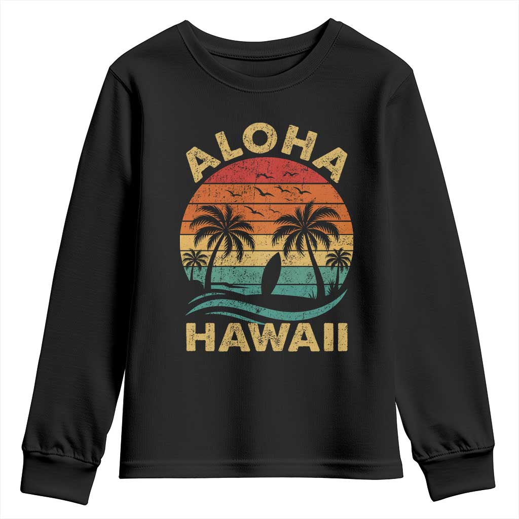 Aloha Hawaii Youth Sweatshirt Retro Hawaiian Island Palm Beach Surfboard Surf - Wonder Print Shop