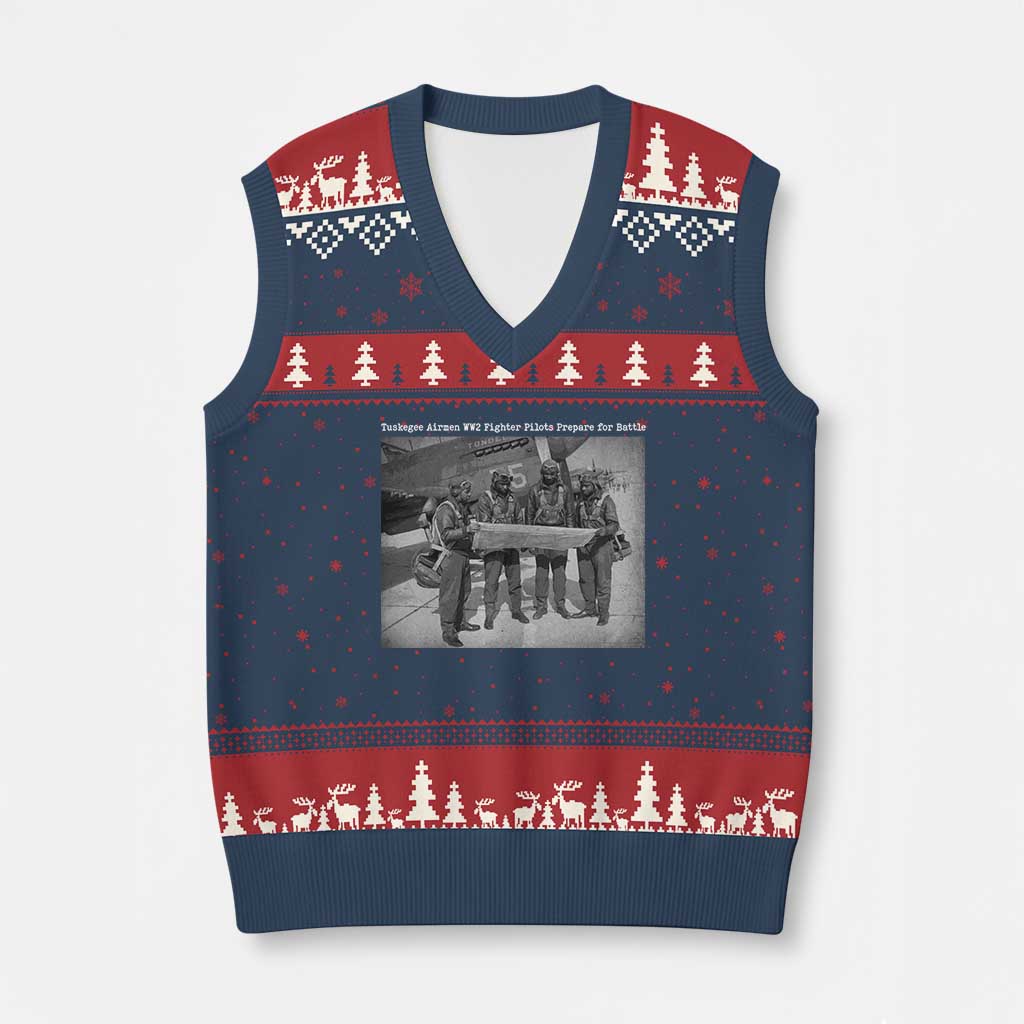 Tuskegee Airmen V-Neck Knit Sweater Vest African American Heroes Preparing for Battle WW2 - Wonder Print Shop