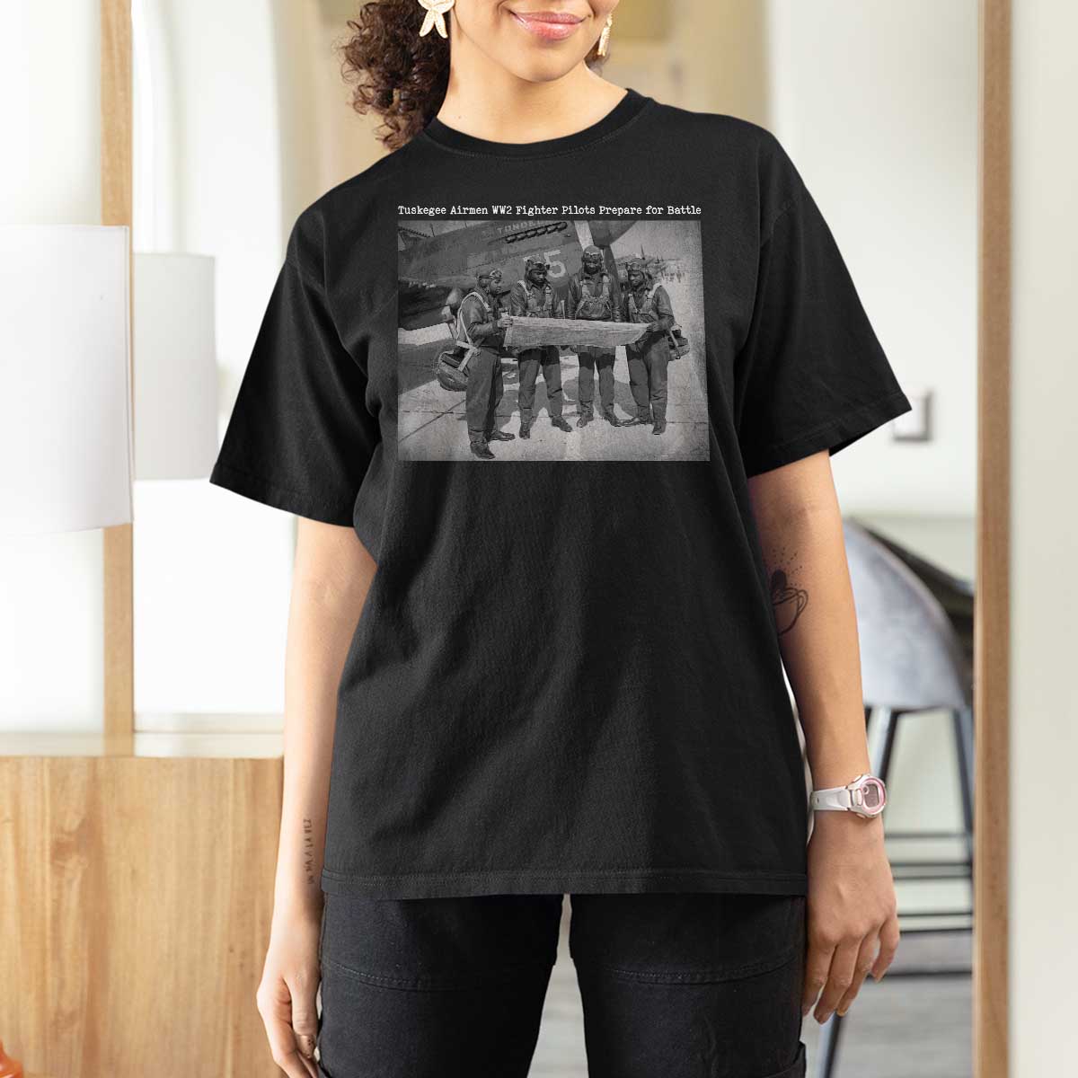 Tuskegee Airmen T Shirt For Women African American Heroes Preparing for Battle WW2 - Wonder Print Shop