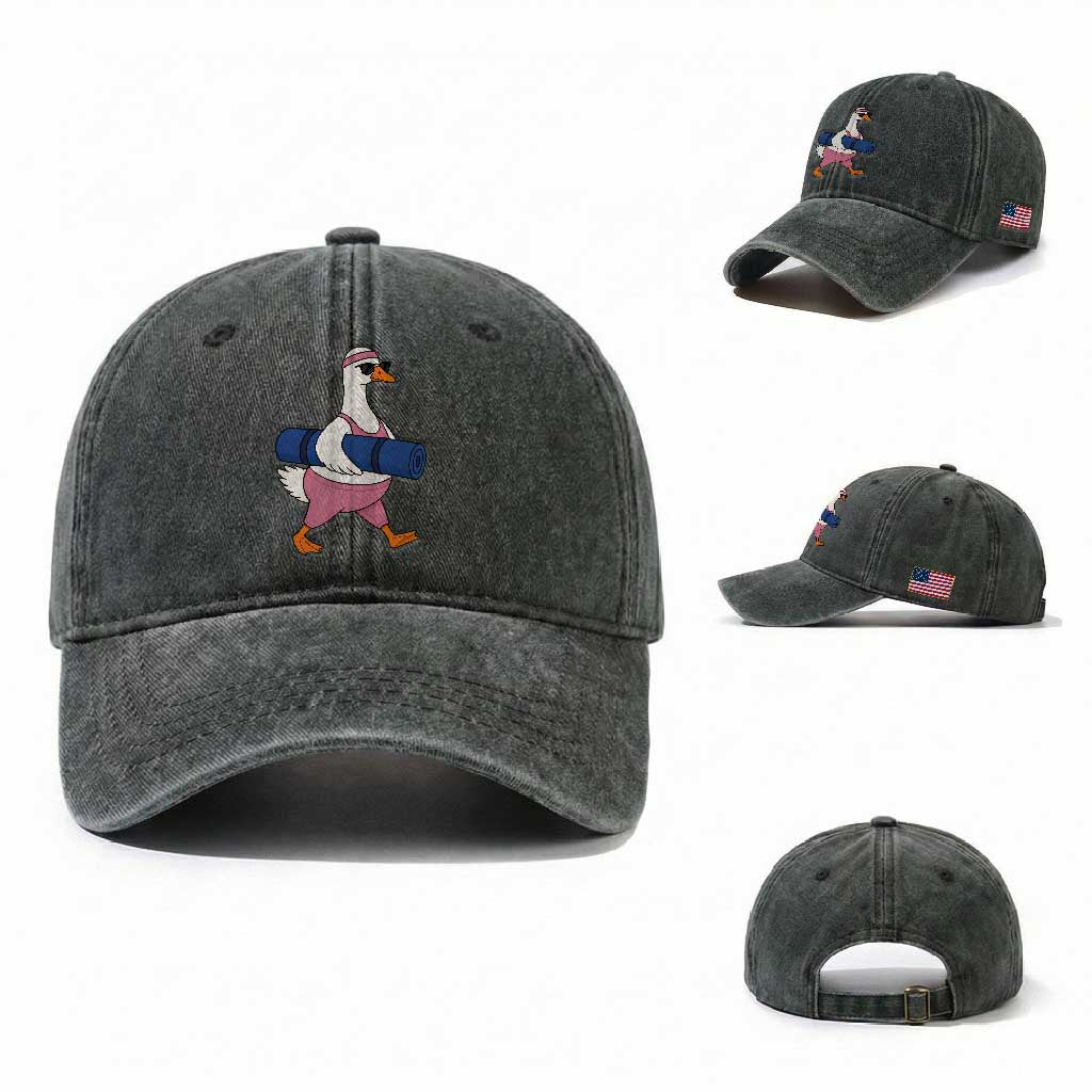 Yoga Goose Carrying Mat Washed Cotton Baseball Cap Funny Yogi Workout Fitness Graphic