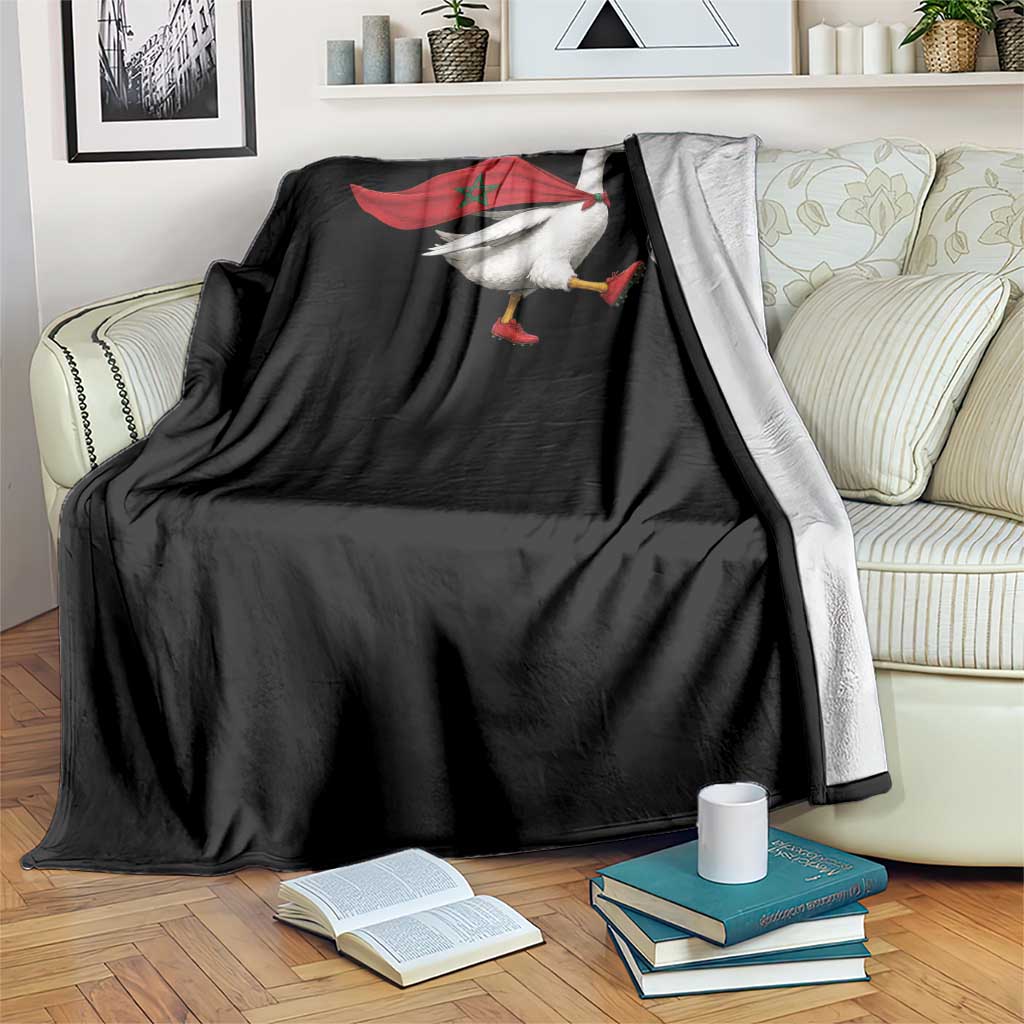 Morocco Soccer Throw Blanket Funny Goose Wearing Moroccan Flag Patriotic Football Fan Graphic