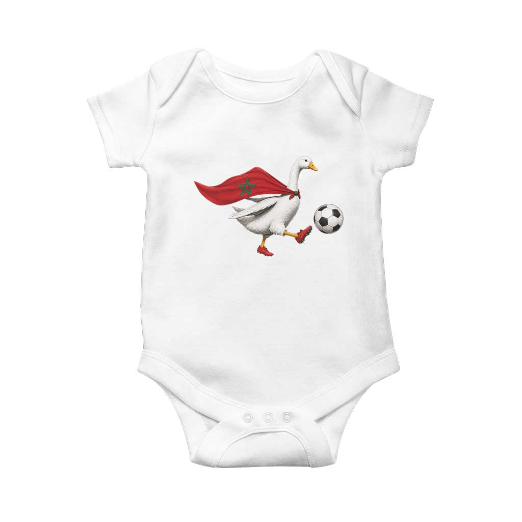 Morocco Soccer Baby Onesie Funny Goose Wearing Moroccan Flag Patriotic Football Fan Graphic
