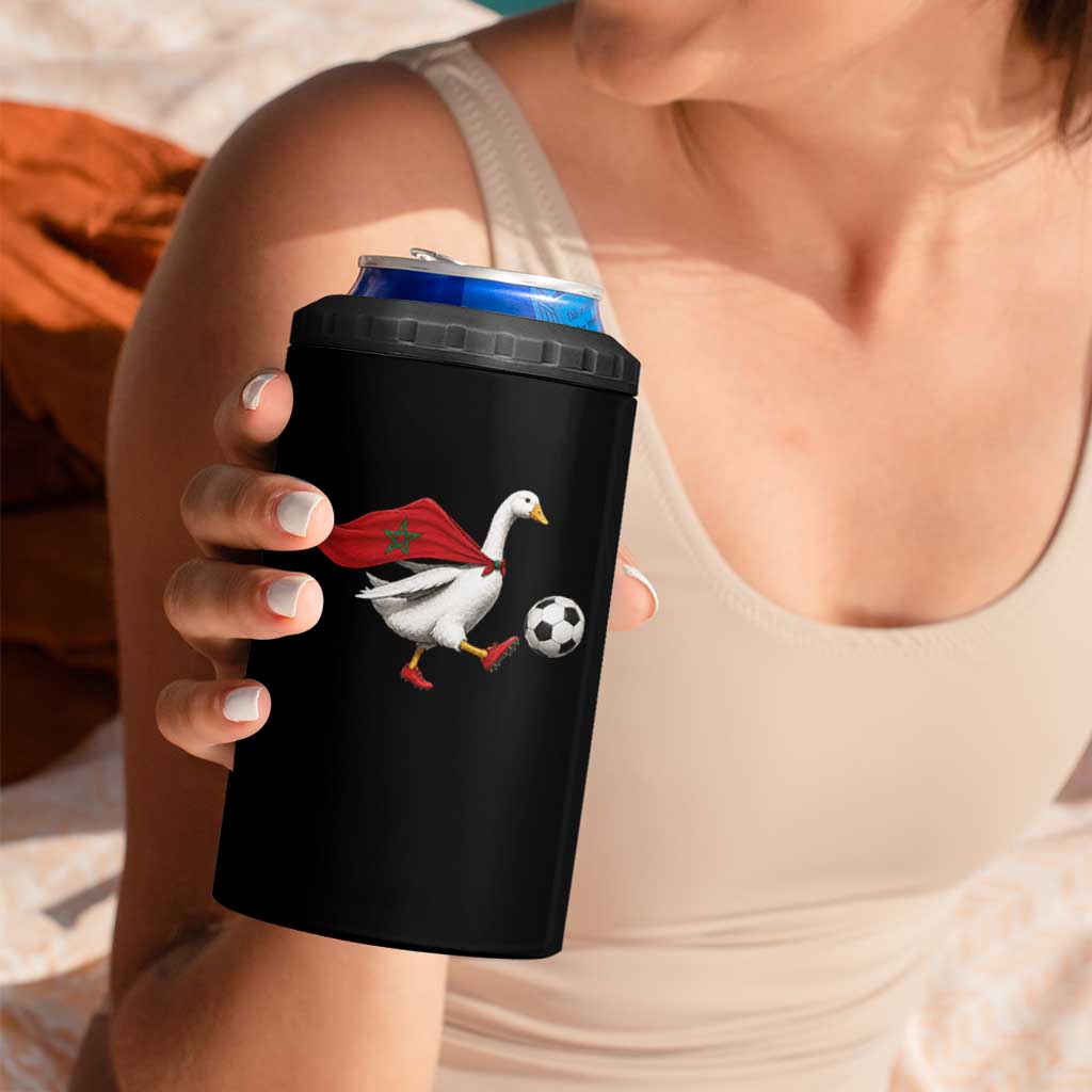 Morocco Soccer 4 in 1 Can Cooler Tumbler Funny Goose Wearing Moroccan Flag Patriotic Football Fan Graphic