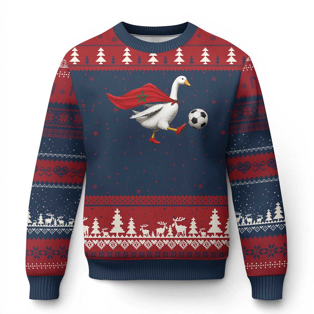 Morocco Soccer Ugly Christmas Sweater Funny Goose Wearing Moroccan Flag Patriotic Football Fan Graphic