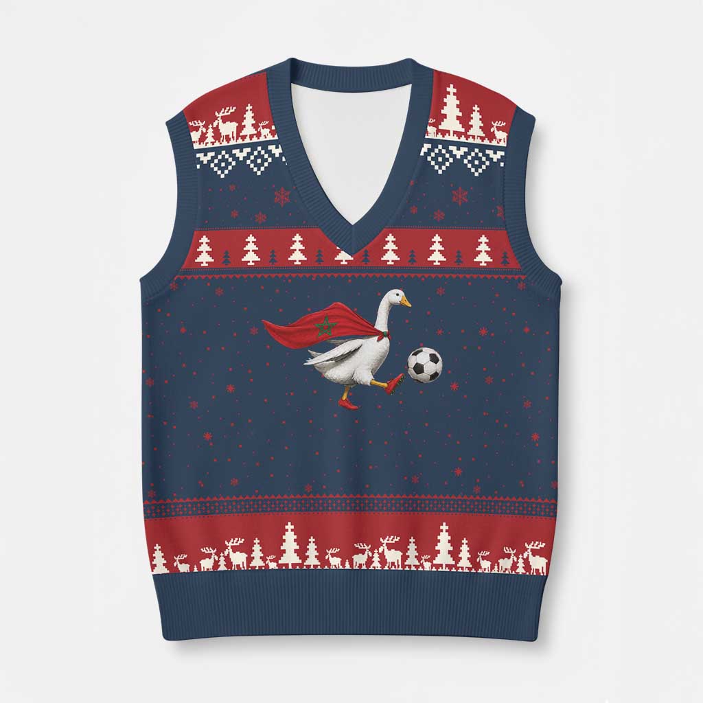 Morocco Soccer V-Neck Knit Sweater Vest Funny Goose Wearing Moroccan Flag Patriotic Football Fan Graphic