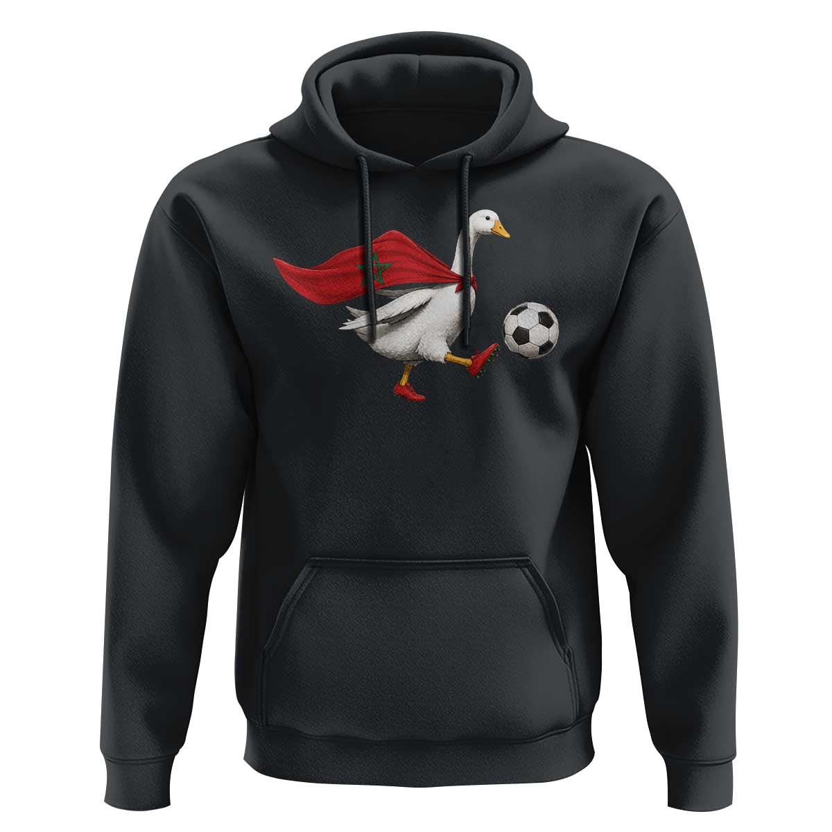 Morocco Soccer Hoodie Funny Goose Wearing Moroccan Flag Patriotic Football Fan Graphic