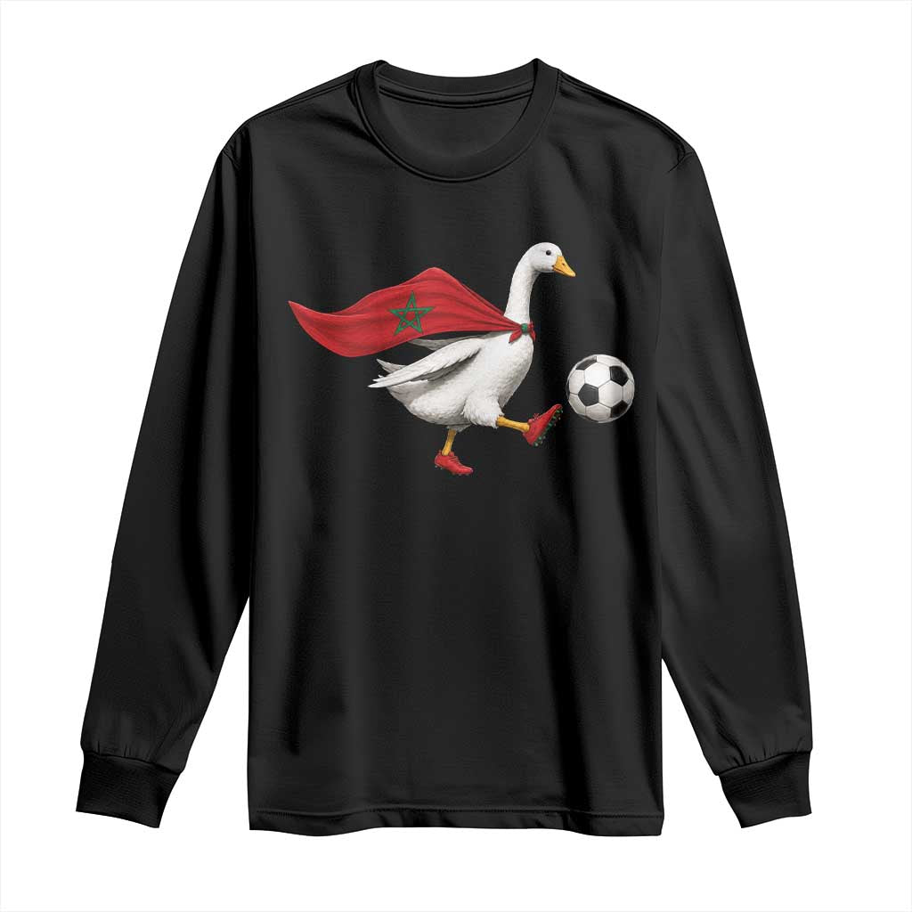 Morocco Soccer Long Sleeve Shirt Funny Goose Wearing Moroccan Flag Patriotic Football Fan Graphic