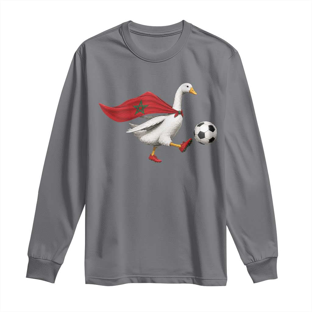 Morocco Soccer Long Sleeve Shirt Funny Goose Wearing Moroccan Flag Patriotic Football Fan Graphic