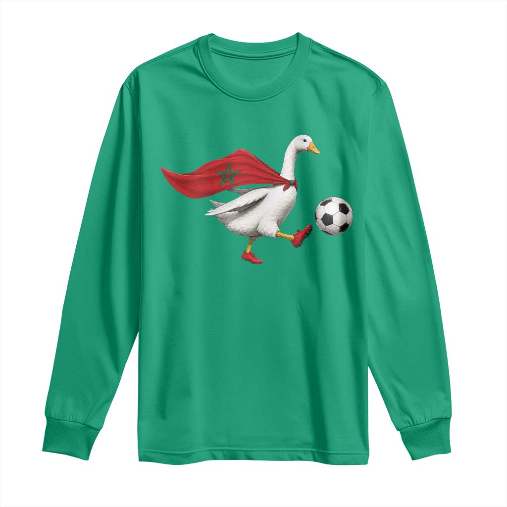 Morocco Soccer Long Sleeve Shirt Funny Goose Wearing Moroccan Flag Patriotic Football Fan Graphic