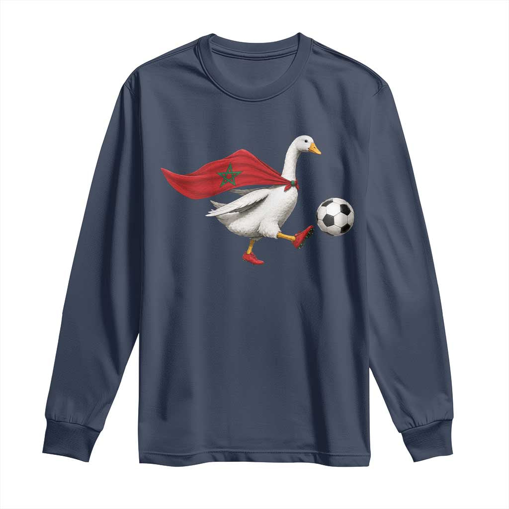 Morocco Soccer Long Sleeve Shirt Funny Goose Wearing Moroccan Flag Patriotic Football Fan Graphic