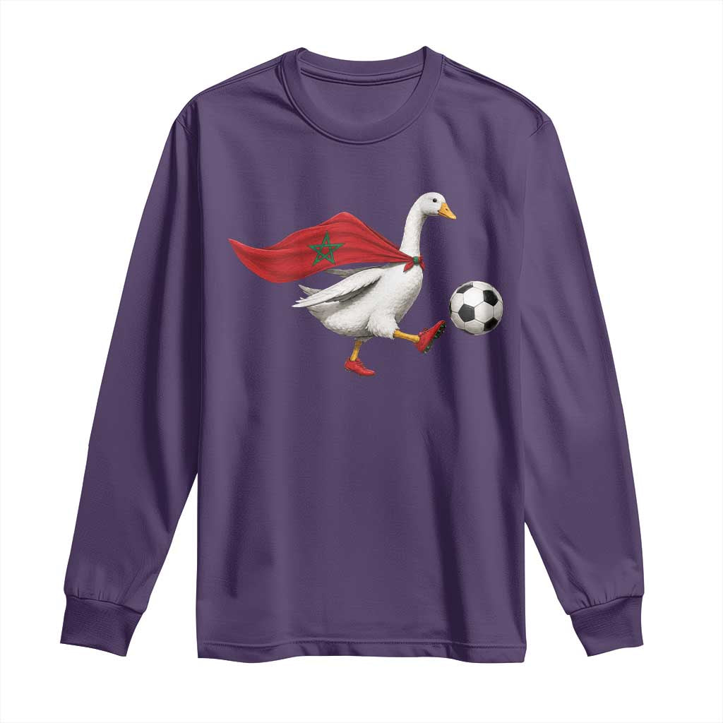Morocco Soccer Long Sleeve Shirt Funny Goose Wearing Moroccan Flag Patriotic Football Fan Graphic