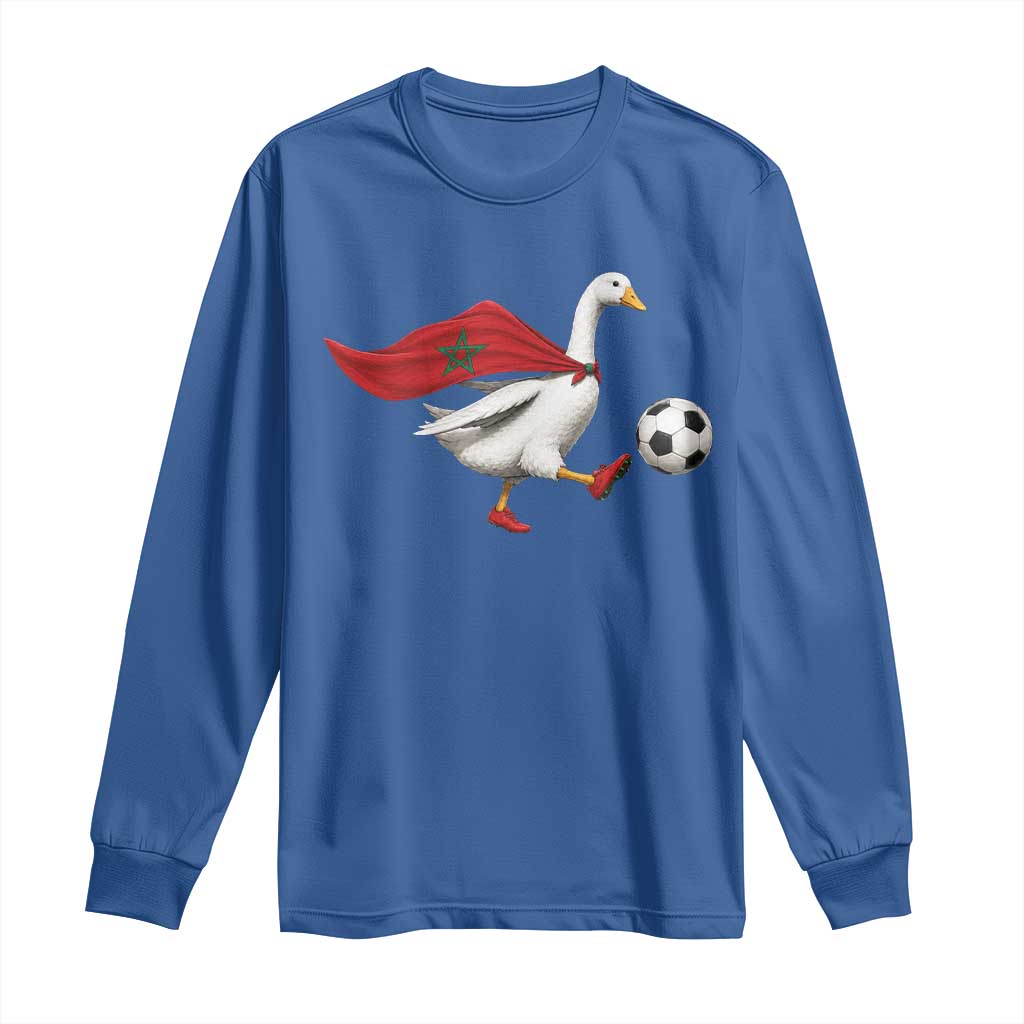 Morocco Soccer Long Sleeve Shirt Funny Goose Wearing Moroccan Flag Patriotic Football Fan Graphic