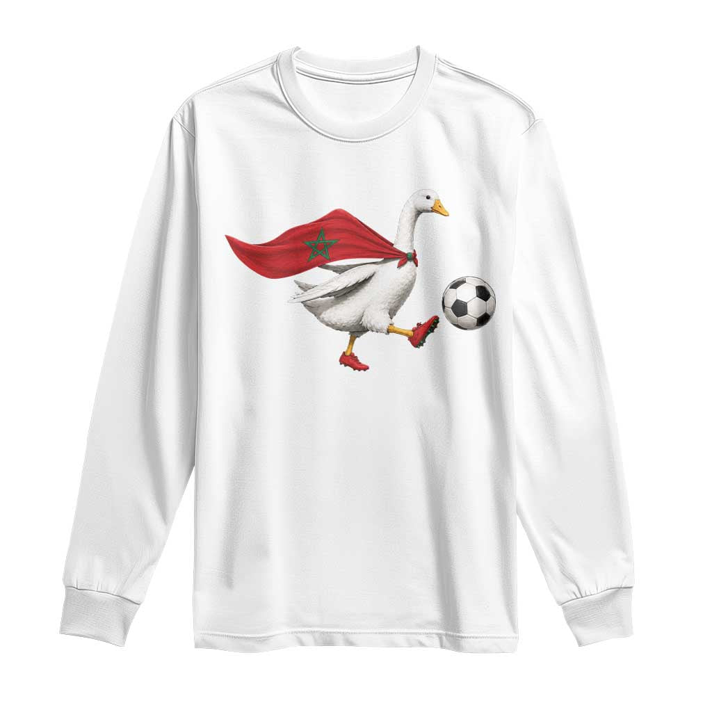 Morocco Soccer Long Sleeve Shirt Funny Goose Wearing Moroccan Flag Patriotic Football Fan Graphic