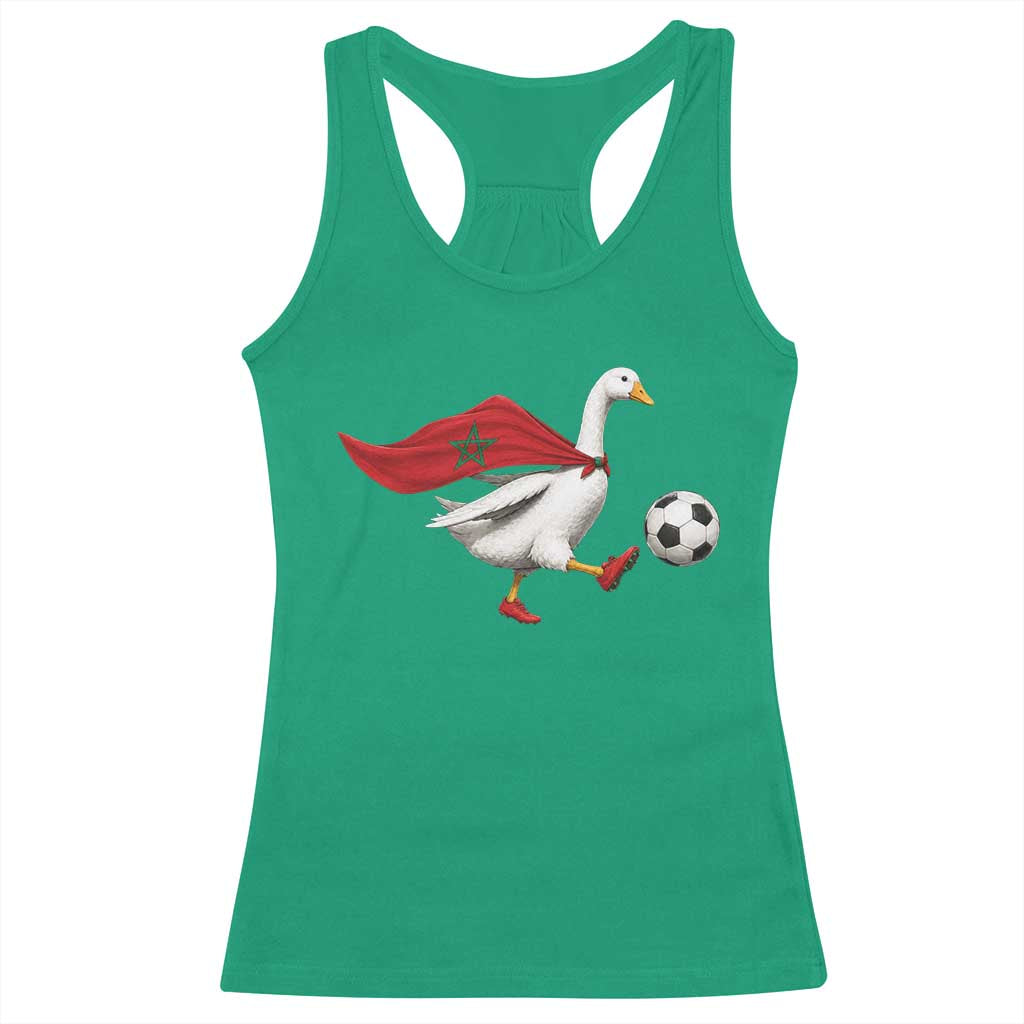 Morocco Soccer Racerback Tank Top Funny Goose Wearing Moroccan Flag Patriotic Football Fan Graphic