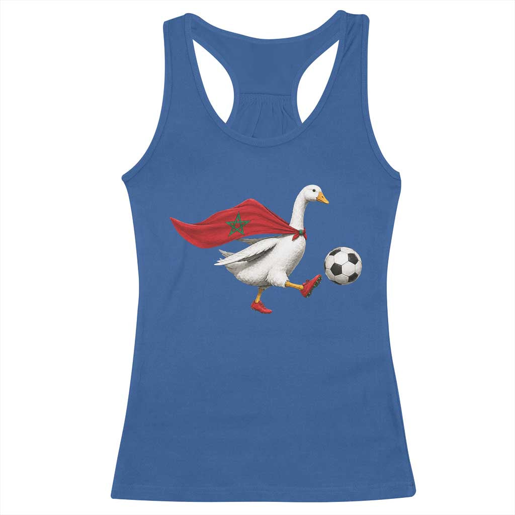 Morocco Soccer Racerback Tank Top Funny Goose Wearing Moroccan Flag Patriotic Football Fan Graphic