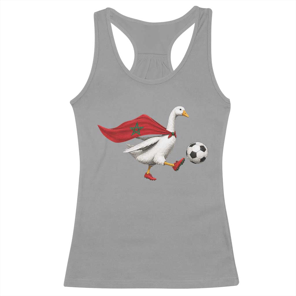 Morocco Soccer Racerback Tank Top Funny Goose Wearing Moroccan Flag Patriotic Football Fan Graphic