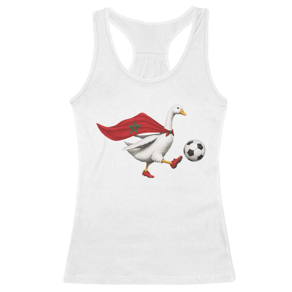 Morocco Soccer Racerback Tank Top Funny Goose Wearing Moroccan Flag Patriotic Football Fan Graphic