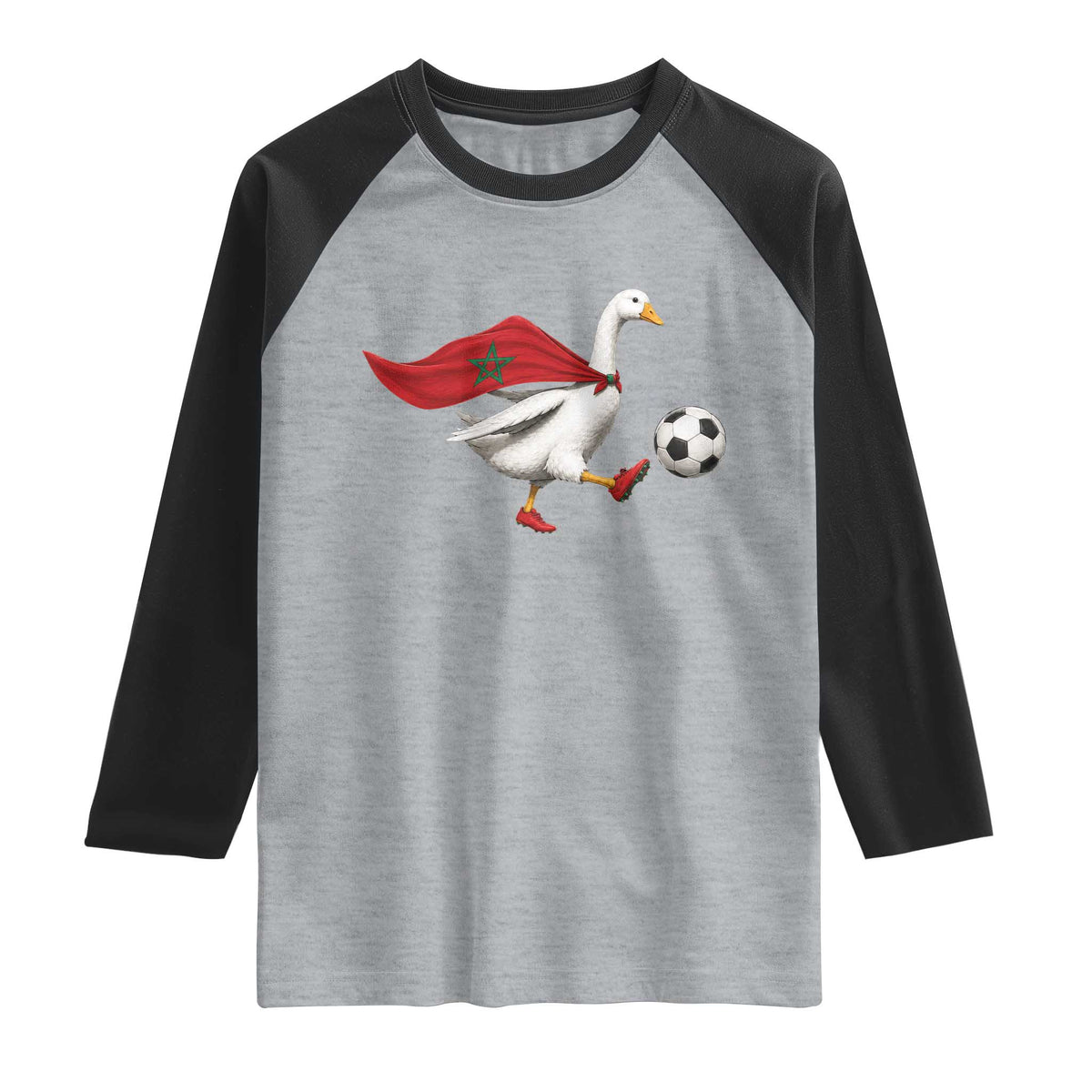 Morocco Soccer Raglan Shirt Funny Goose Wearing Moroccan Flag Patriotic Football Fan Graphic