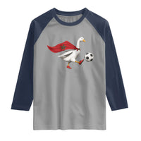 Morocco Soccer Raglan Shirt Funny Goose Wearing Moroccan Flag Patriotic Football Fan Graphic