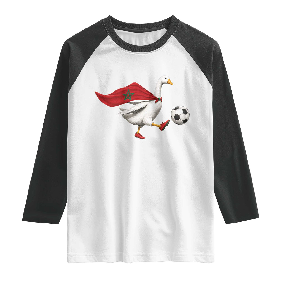 Morocco Soccer Raglan Shirt Funny Goose Wearing Moroccan Flag Patriotic Football Fan Graphic