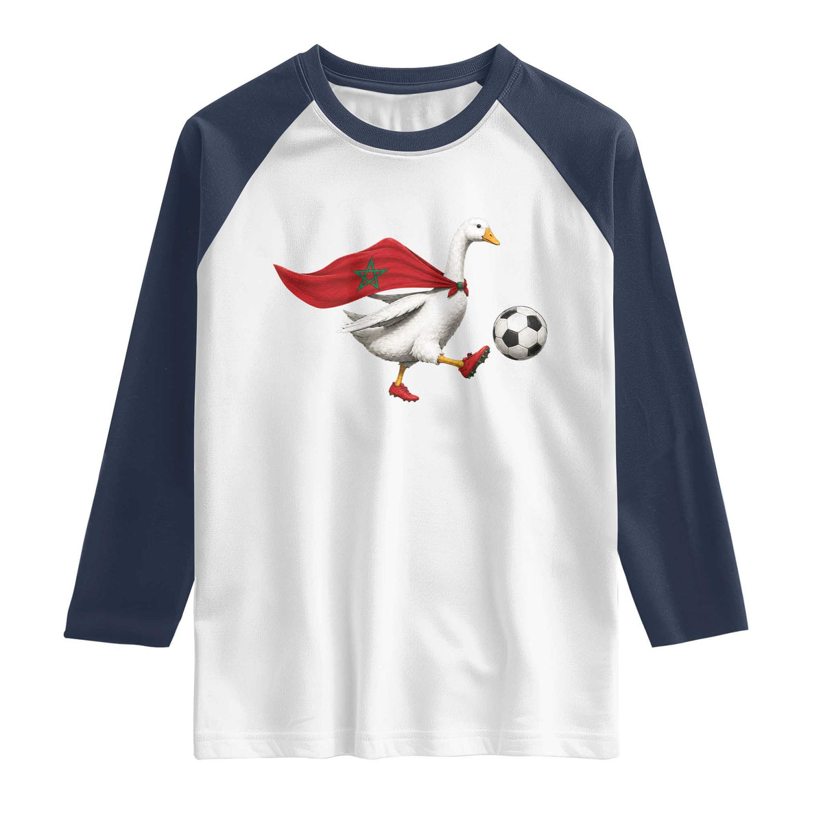Morocco Soccer Raglan Shirt Funny Goose Wearing Moroccan Flag Patriotic Football Fan Graphic