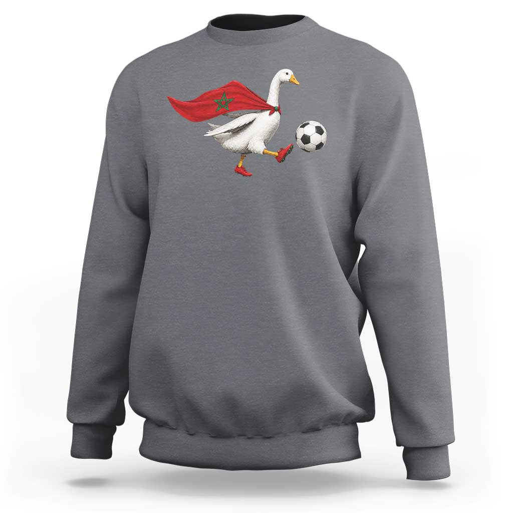 Morocco Soccer Sweatshirt Funny Goose Wearing Moroccan Flag Patriotic Football Fan Graphic