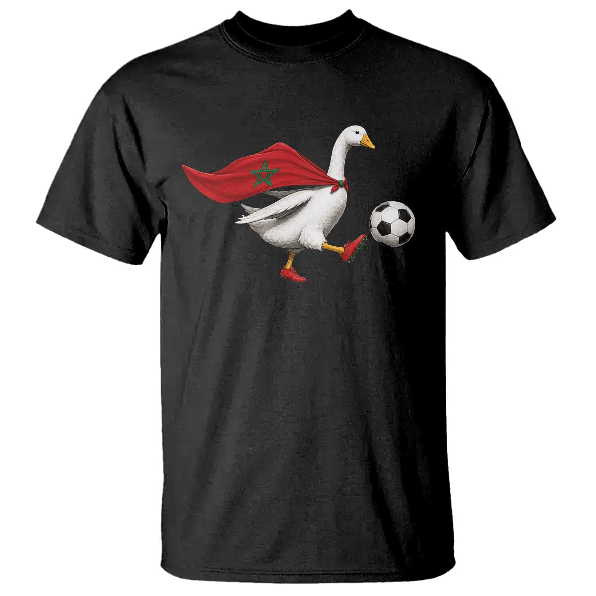 Morocco Soccer T Shirt Funny Goose Wearing Moroccan Flag Patriotic Football Fan Graphic