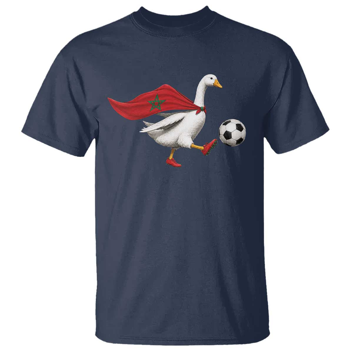 Morocco Soccer T Shirt Funny Goose Wearing Moroccan Flag Patriotic Football Fan Graphic