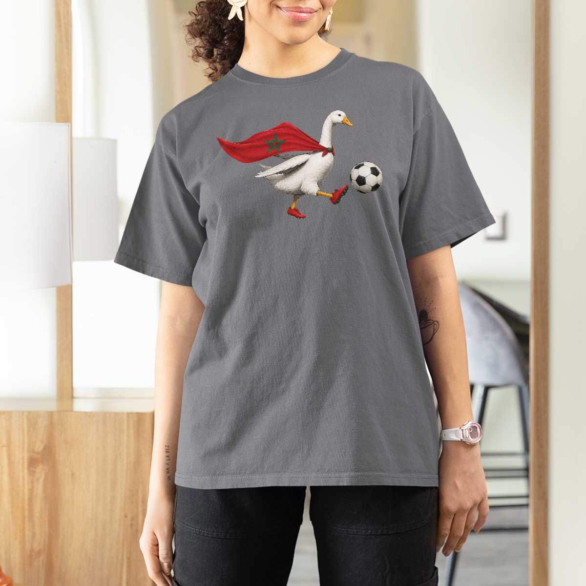 Morocco Soccer T Shirt For Women Funny Goose Wearing Moroccan Flag Patriotic Football Fan Graphic