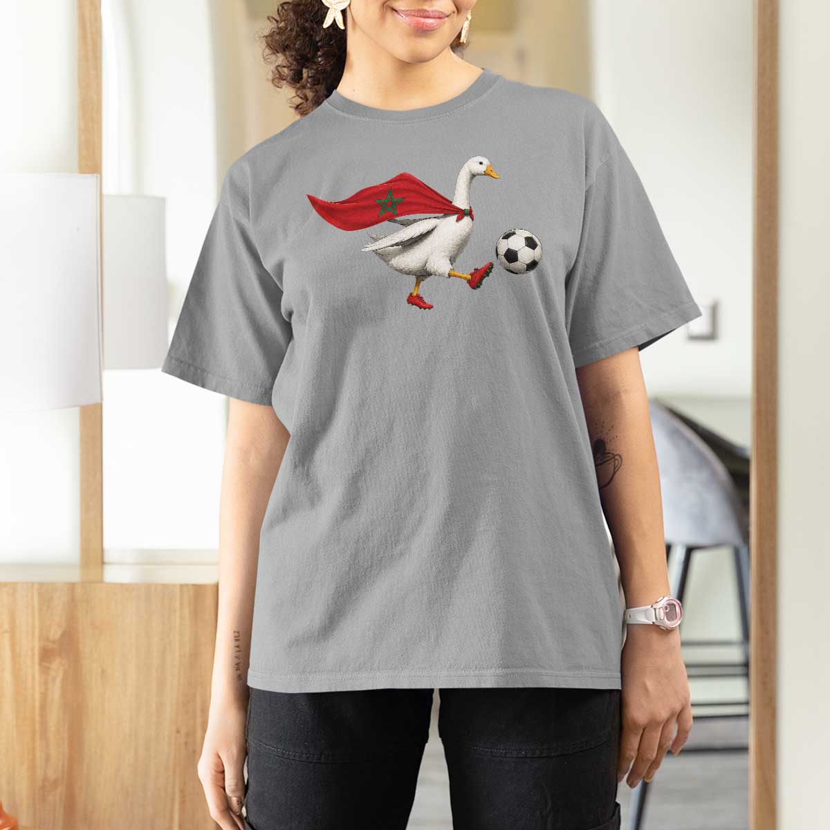 Morocco Soccer T Shirt For Women Funny Goose Wearing Moroccan Flag Patriotic Football Fan Graphic