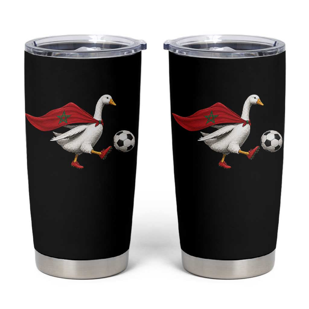 Morocco Soccer Tumbler Cup Funny Goose Wearing Moroccan Flag Patriotic Football Fan Graphic