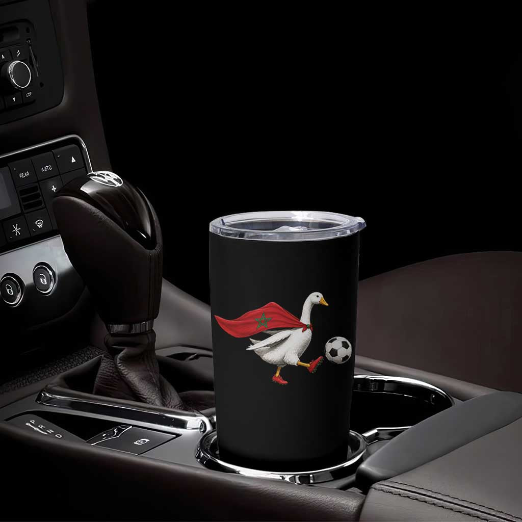 Morocco Soccer Tumbler Cup Funny Goose Wearing Moroccan Flag Patriotic Football Fan Graphic