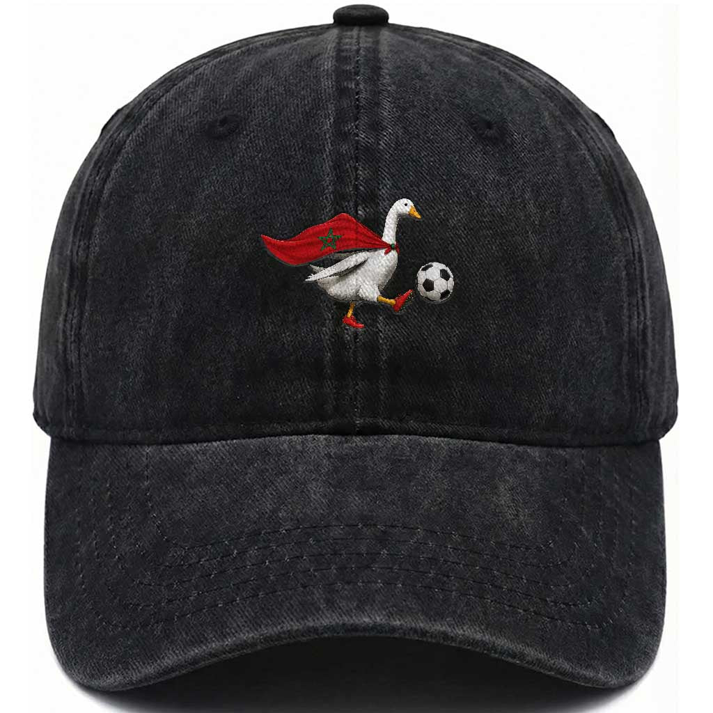 Morocco Soccer Washed Cotton Baseball Cap Funny Goose Wearing Moroccan Flag Patriotic Football Fan Graphic