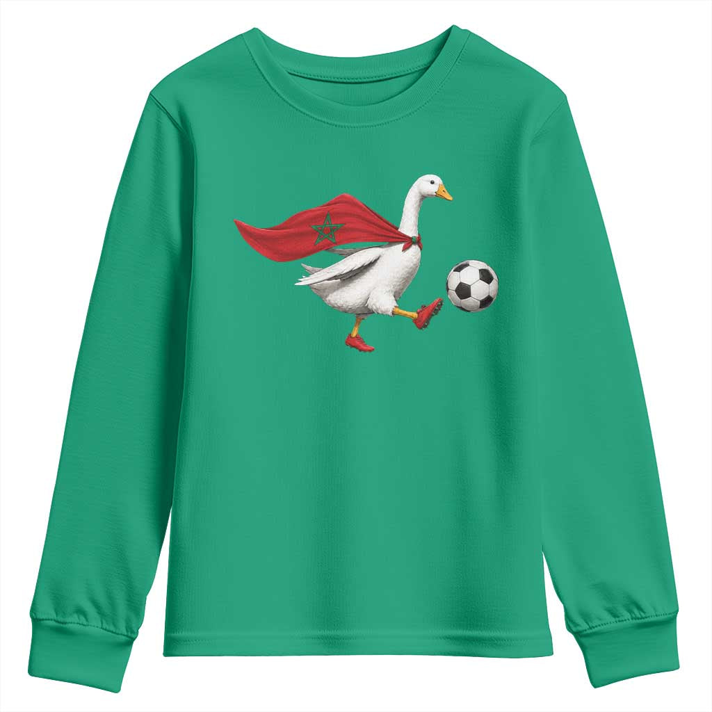 Morocco Soccer Youth Sweatshirt Funny Goose Wearing Moroccan Flag Patriotic Football Fan Graphic